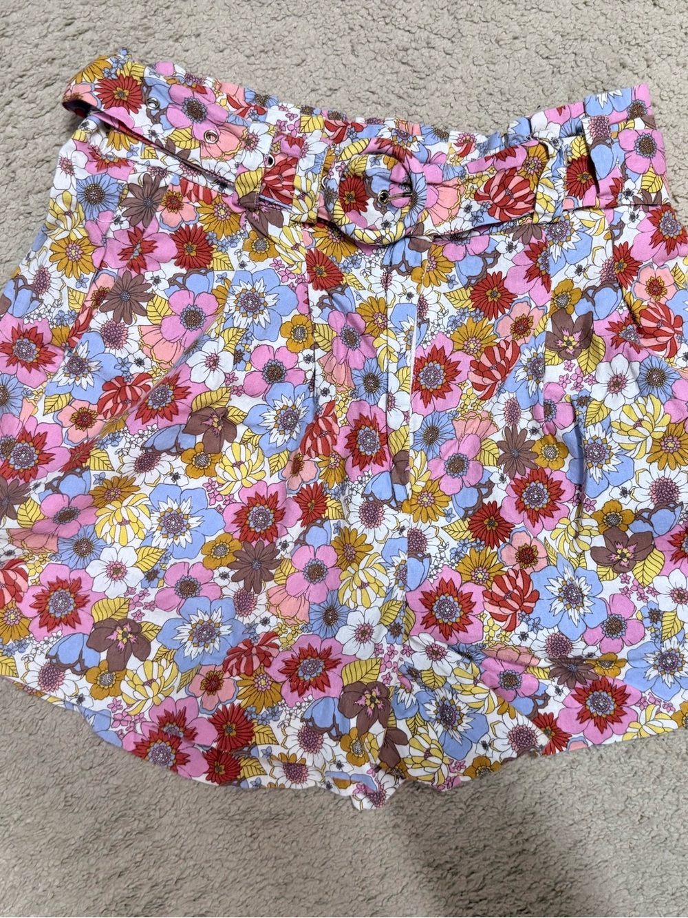 High-Waist Floral Paperbag Shorts with Belt - Pink Multi